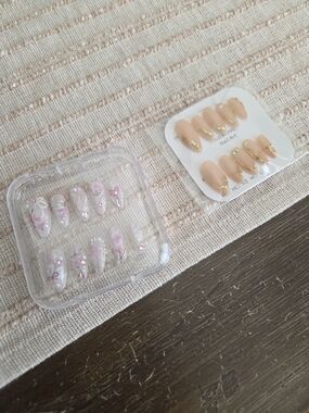 Press-On Nail Set with Pink Floral and Nude Gem Accents